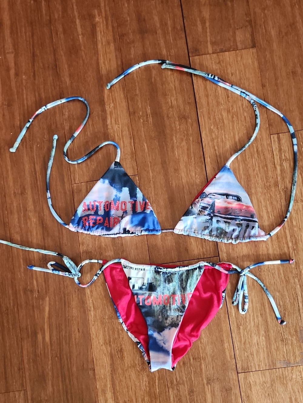 Women’s Blue Automotive Print Triangle Bikini Set